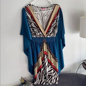 She's Cool Kaftan Kimono Dress 1X Colorful Multi-Color/Blue Elastic Waist
